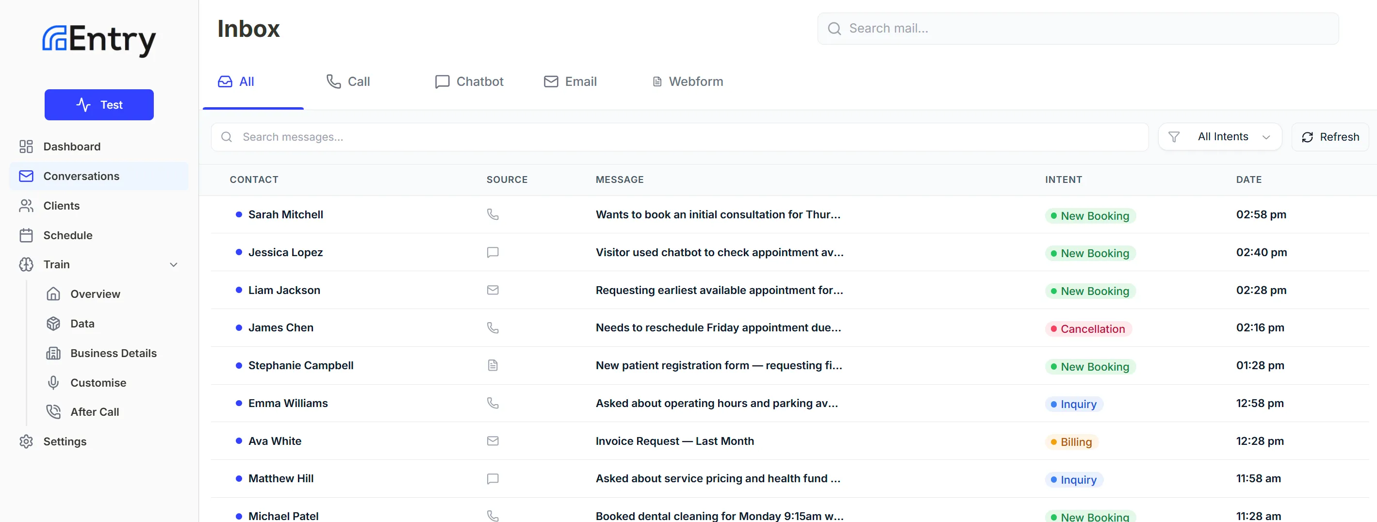 Entry inbox showing calls, emails, and enquiries with AI summaries
