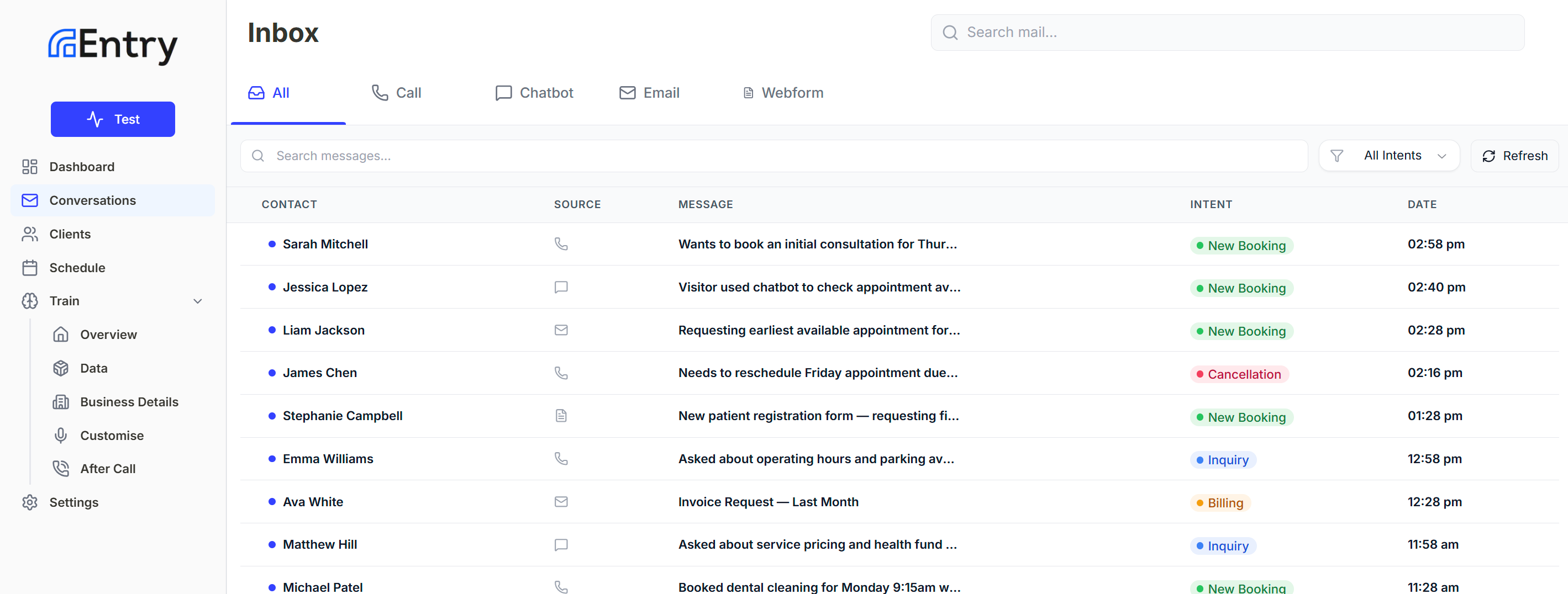 Entry inbox showing calls, emails, and enquiries with AI summaries